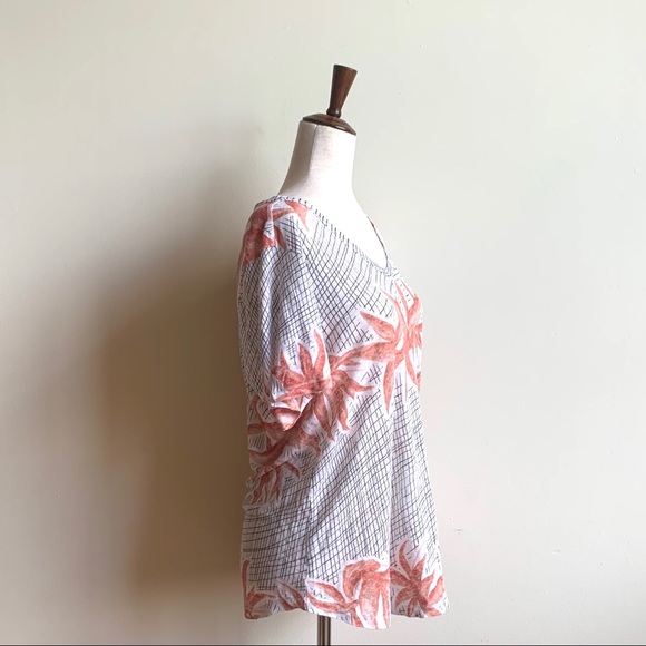 ZARA W&B Tropical floral linen tee Cream, coral, black patterned top Medium - Picture 3 of 9